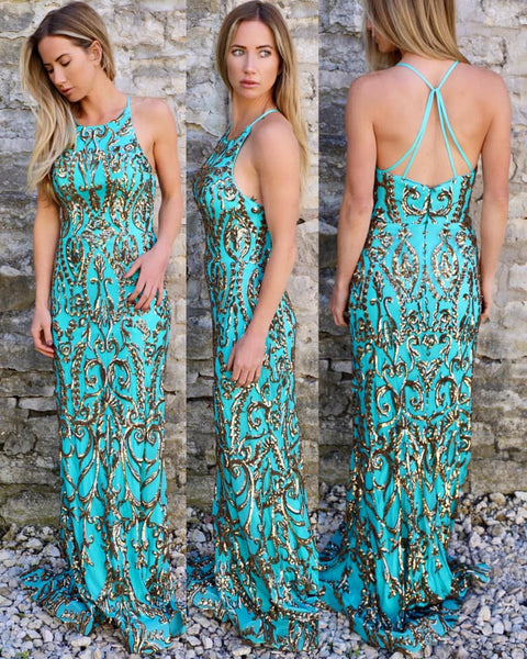Turquoise + Gold Sequin Paisley Gown - The Lace Cactus