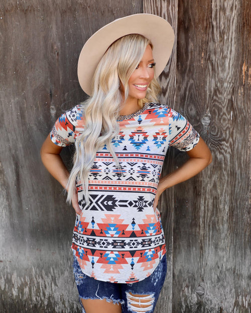 Oatmeal Aztec Round Neck Tee - The Lace Cactus
