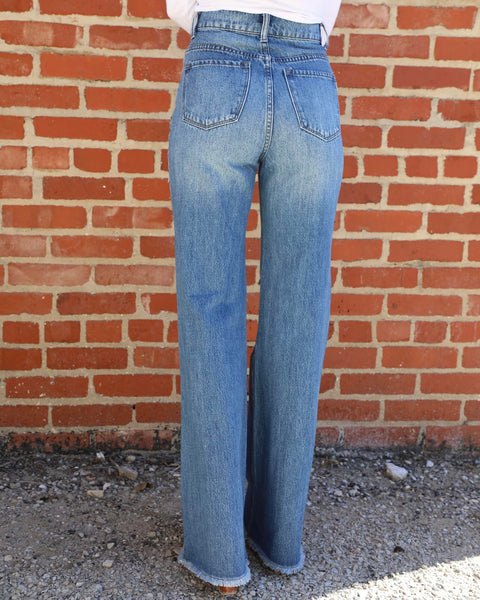 Medium Wash 5-Button Distressed Wide Leg Flare Jeans - The Lace Cactus