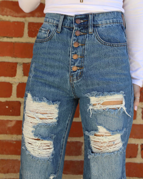 Medium Wash 5-Button Distressed Wide Leg Flare Jeans - The Lace Cactus