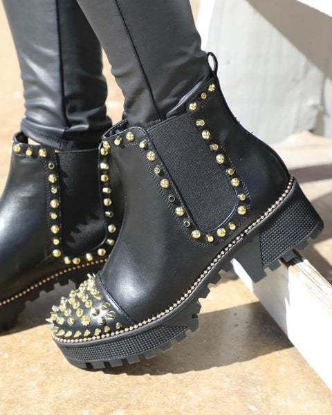 Black + Gold Spiked "Mud Tire" Booties - The Lace Cactus