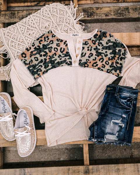Oriah Oatmeal + Olive Waffle Knit Leopard Top - The Lace Cactus