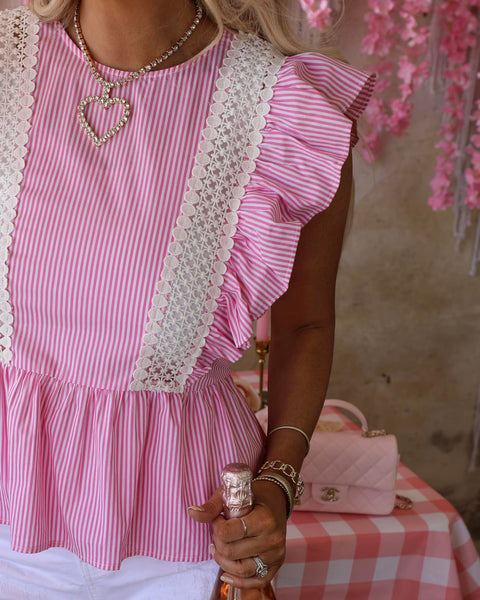 Poppy Pink and White Striped Ruffle Sleeve Top - The Lace Cactus