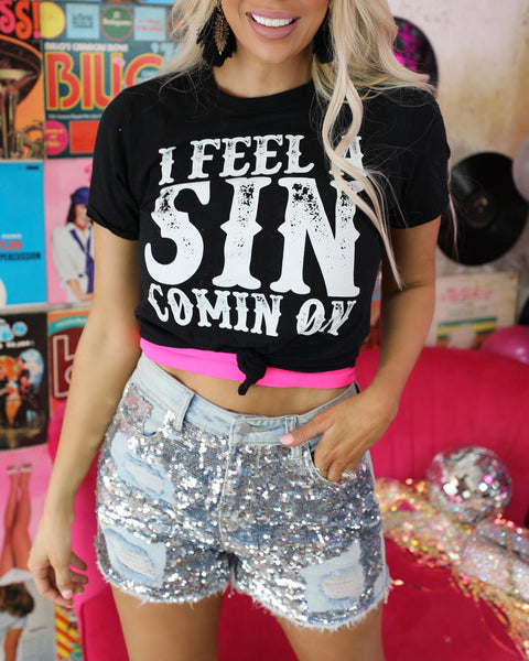 PRE-ORDER "I Feel a Sin Coming On" Black Graphic Tee - The Lace Cactus