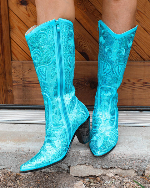 Turquoise Sequin Boots - The Lace Cactus
