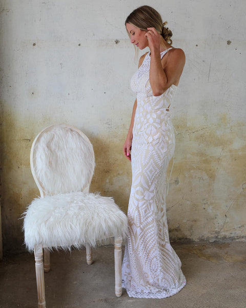 Veronica White High Neck Sequin Wedding Dress - The Lace Cactus