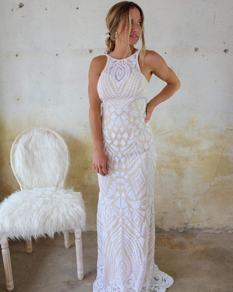 Veronica White High Neck Sequin Wedding Dress - The Lace Cactus