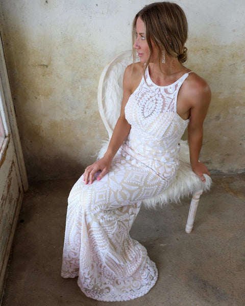 Veronica White High Neck Sequin Wedding Dress - The Lace Cactus