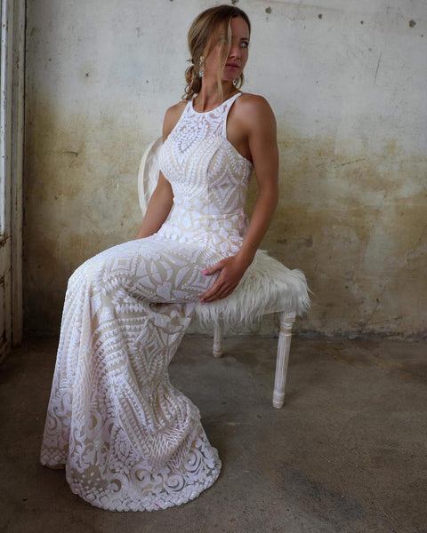 Veronica White High Neck Sequin Wedding Dress - The Lace Cactus