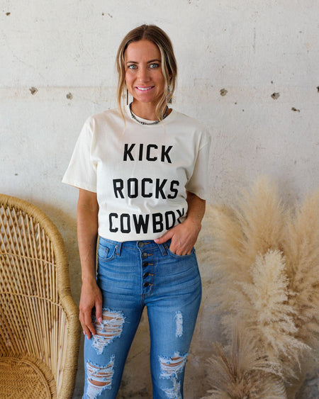 White "Kick Rocks Cowboy" Graphic Tee