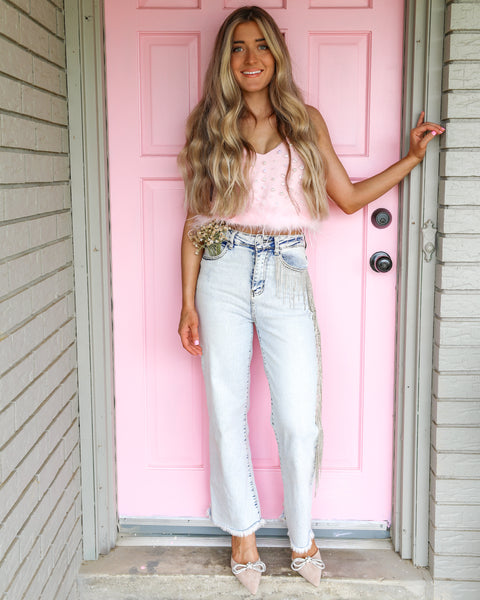 Lennon Light Wash Cropped Rhinestone Jeans - The Lace Cactus