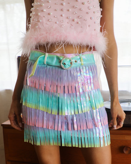 Jamie White Sequin and Feather Trim Skirt