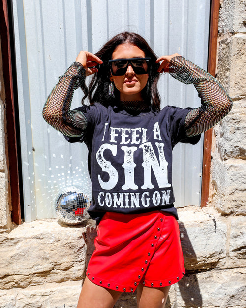 “I Feel a Sin Coming On" Black Graphic Tee - The Lace Cactus