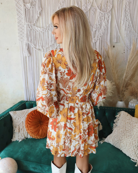 Oana Off White and Mustard Floral Mini Dress - The Lace Cactus