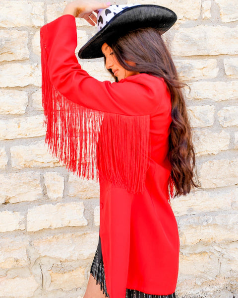 Jemima Red Fringe Blazer - The Lace Cactus