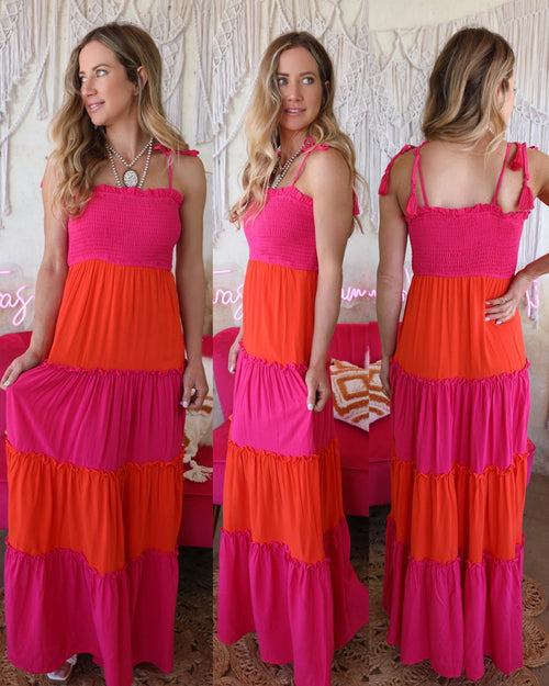 Fuchsia and Orange Colorblock Maxi Dress - The Lace Cactus