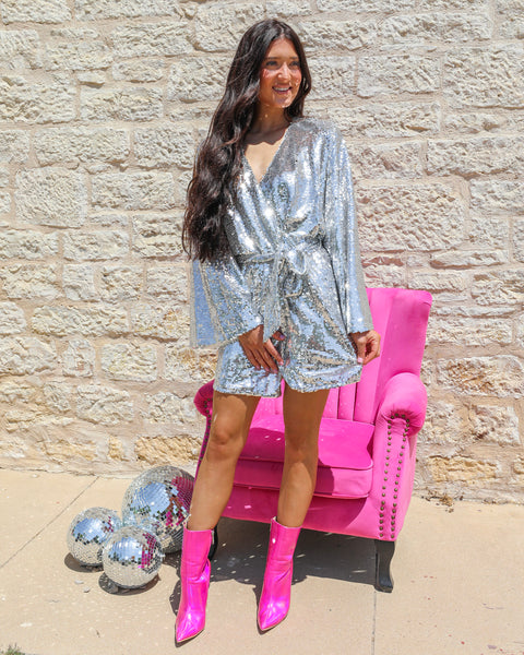 Lynlee Silver Sequin Wrap Dress - The Lace Cactus