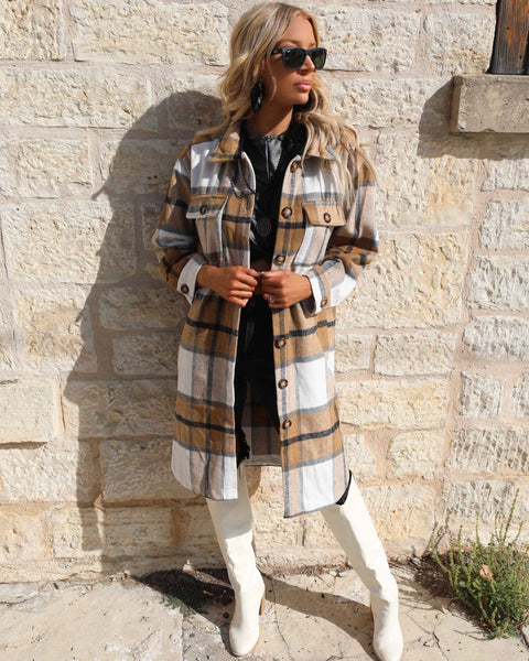 Meadow Mustard Flannel Plaid Long Shacket - The Lace Cactus