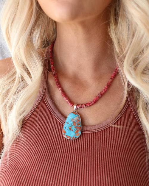 The Red Beaded Gemstone Pendant Necklace - The Lace Cactus