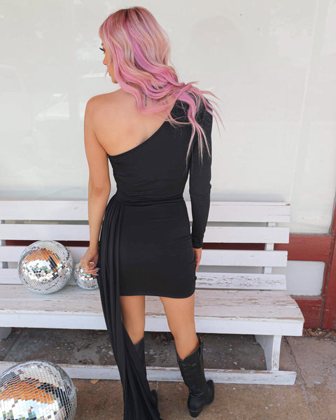 Black One Shoulder Dress with Sash - The Lace Cactus