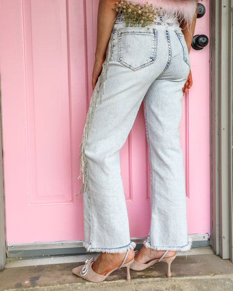 Lennon Light Wash Cropped Rhinestone Jeans - The Lace Cactus