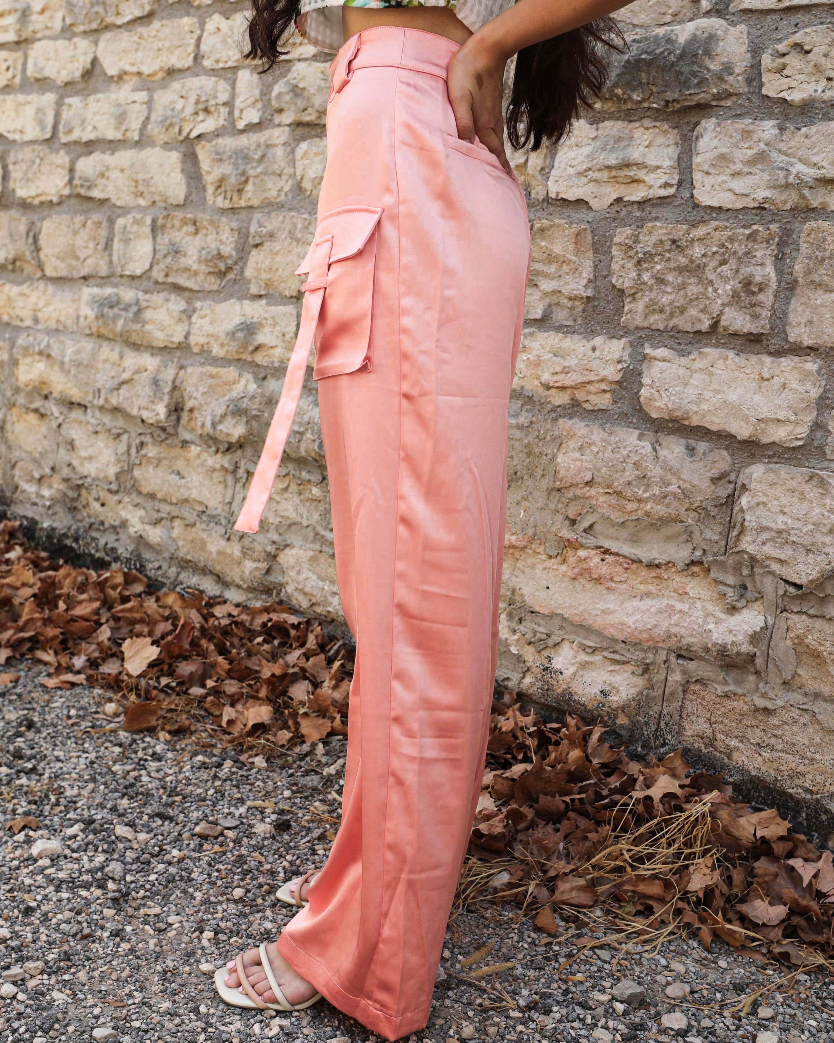 Cathy Coral Satin Cargo Pants - The Lace Cactus