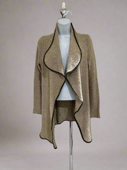 "KC" Oatmeal Cardigan with Leather Trim: X-small