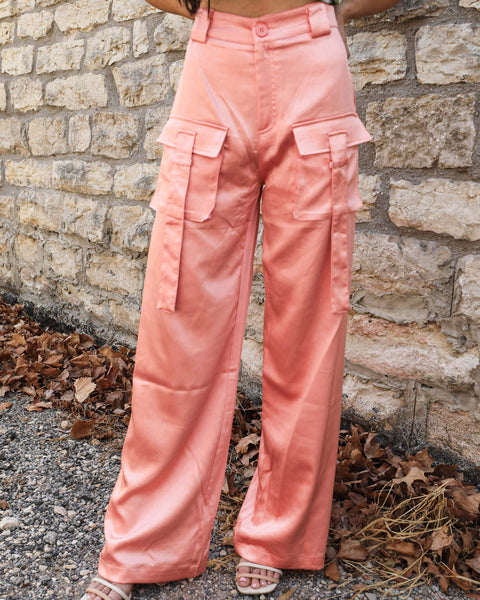 Cathy Coral Satin Cargo Pants - The Lace Cactus