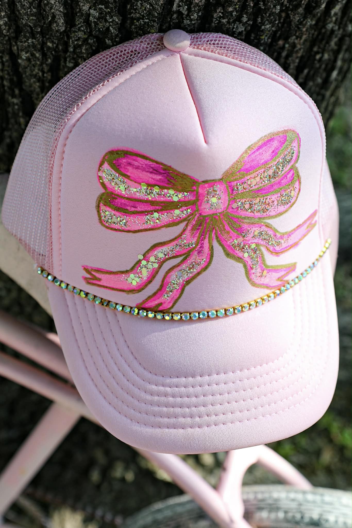 Custom Light Pink Glitter Double Bow Trucker Hat