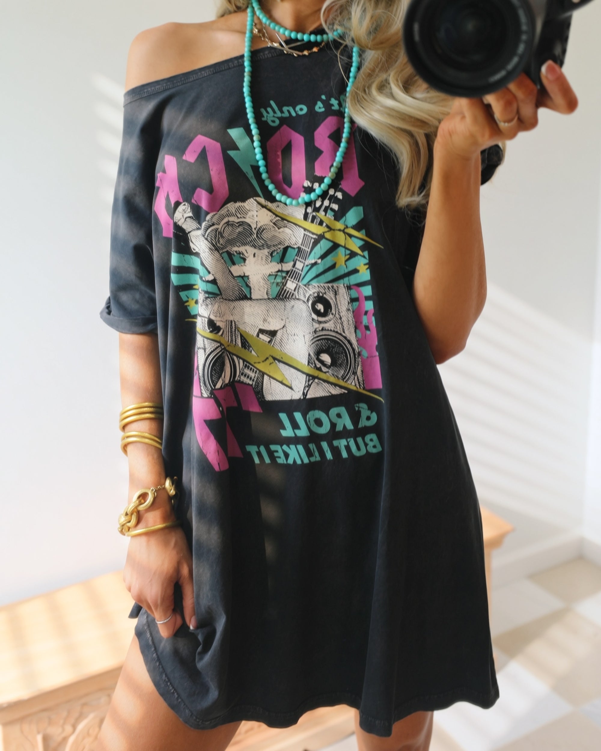 Black "ROCK N ROLL" Graphic T-shirt Dress