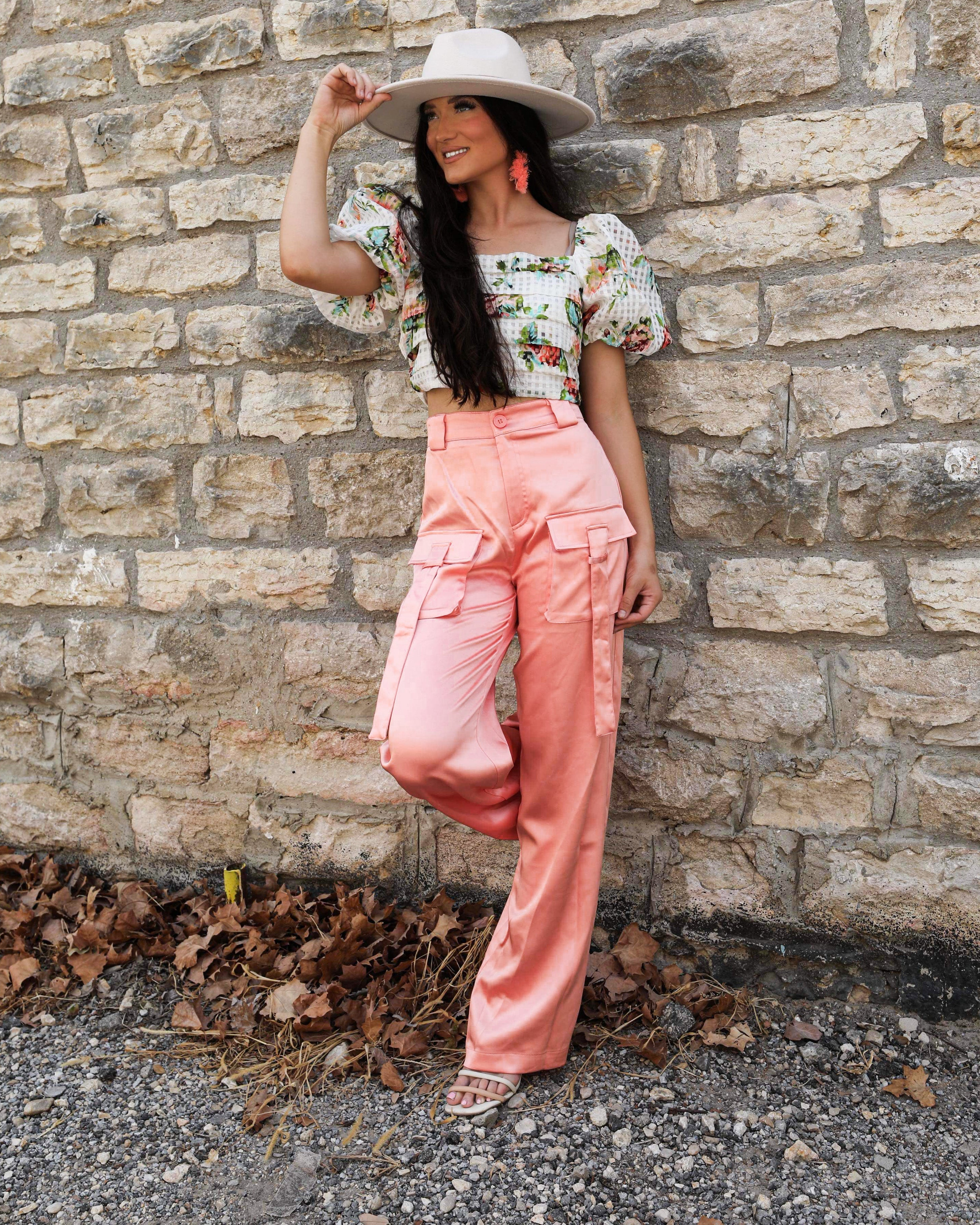 Cathy Coral Satin Cargo Pants - The Lace Cactus
