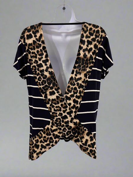 "KC" Navy Stripe Leopard Open Back Tee: Small