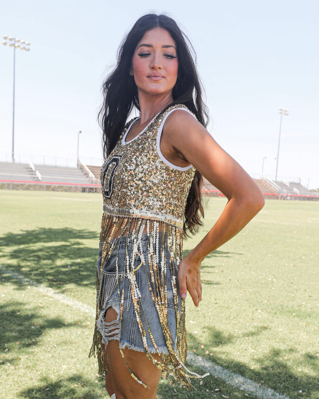 Gold Varsity Sequin Fringe Top - The Lace Cactus