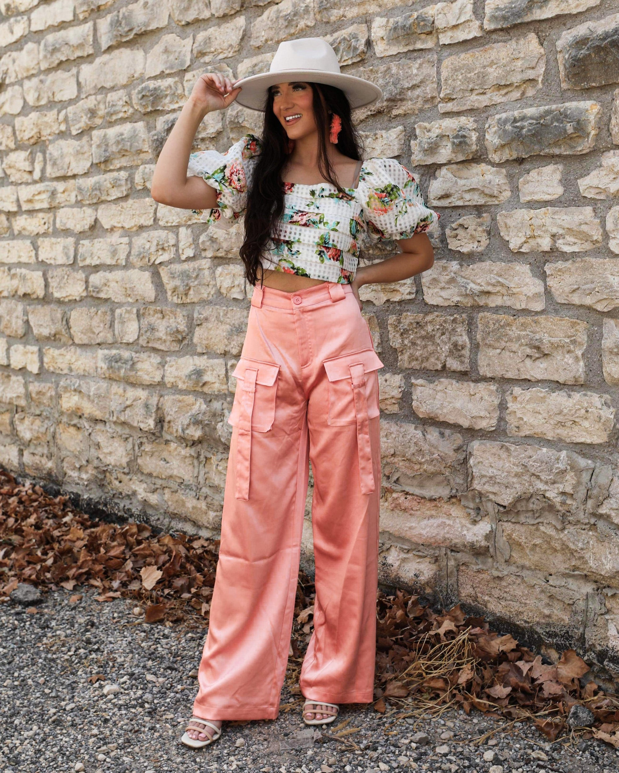Cathy Coral Satin Cargo Pants - The Lace Cactus