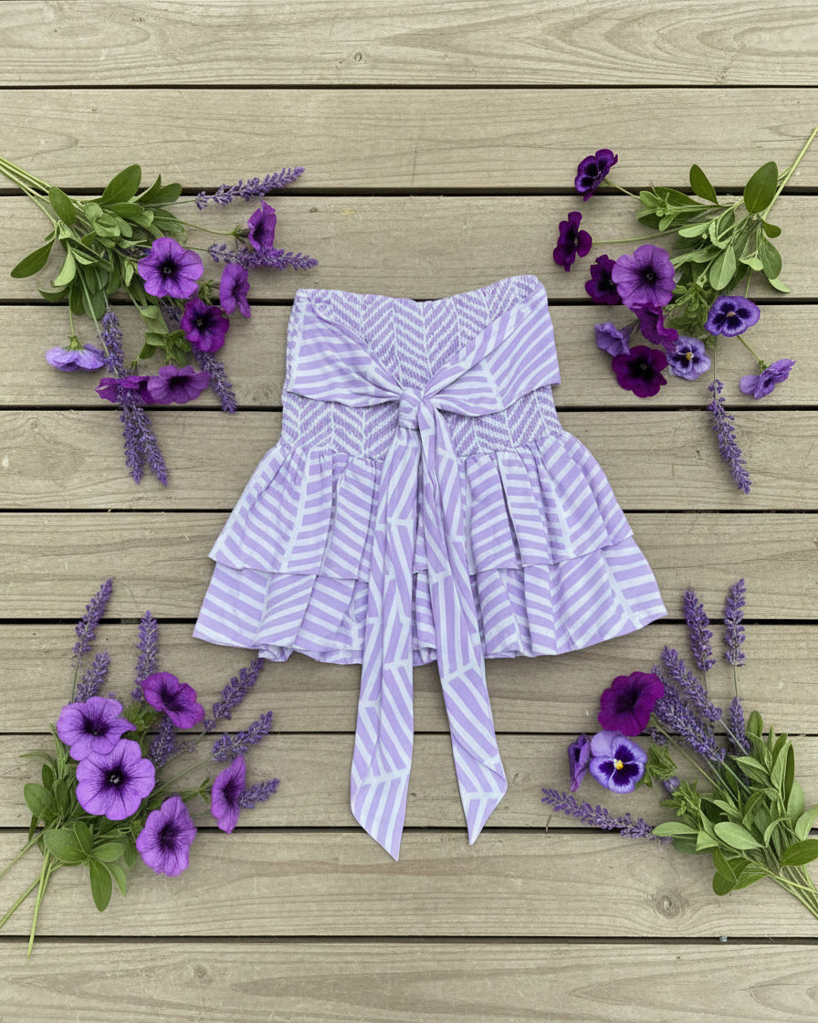 "KC" Purple & White Stripe Smocked Ruffle Tube Top: Medium