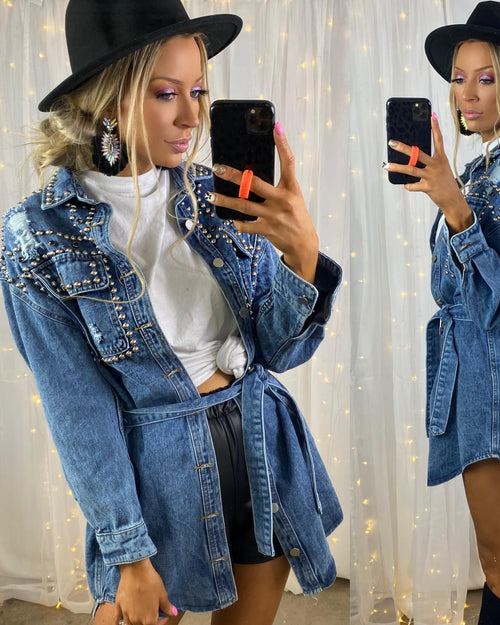 "KC" Rocker Washed Studded Denim Jacket: SM