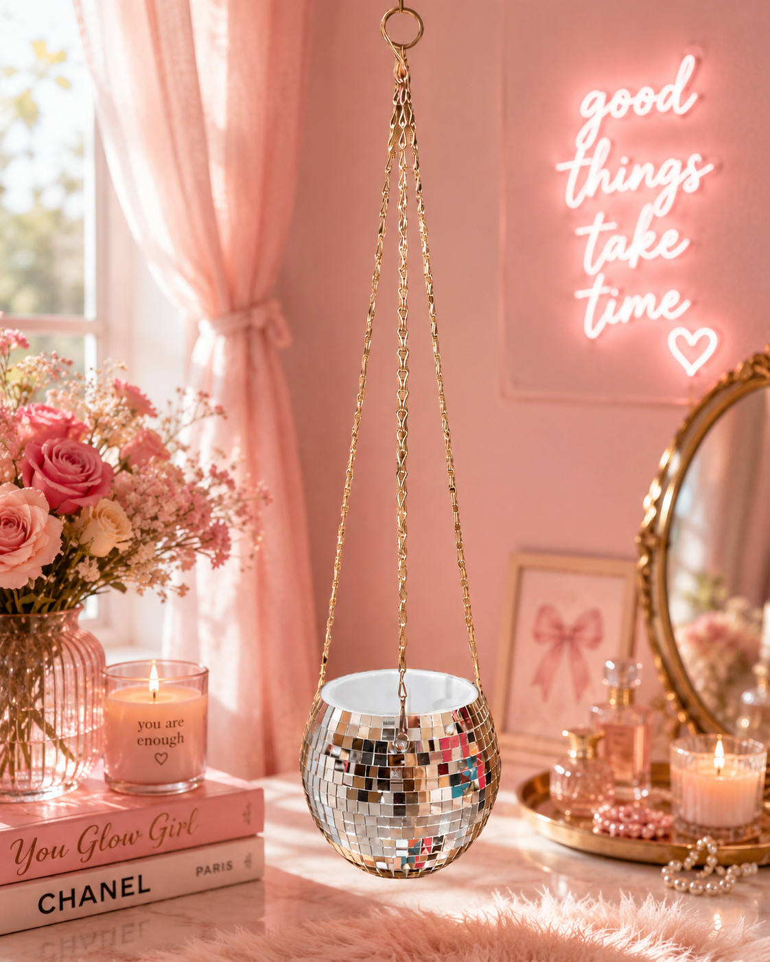 Small Silver Disco Hanging Planter