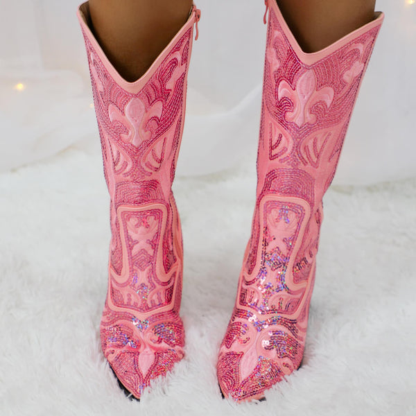 Cowgirl Barbie Pink Sequin Boots - The Lace Cactus