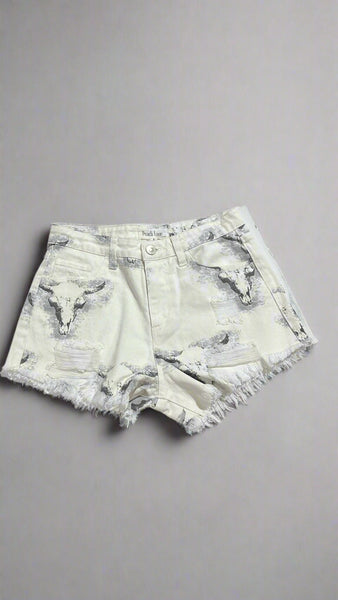 "KC" White Longhorn Print distressed shorts: Small