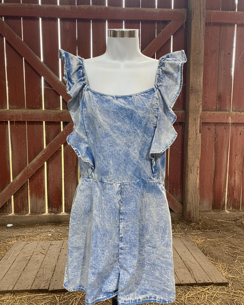 "KC" Blue Acid Washed Ruffle Shoulder Romper: Small