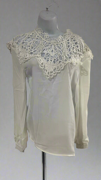 "KC" White Lace Yoke Crepe Blouse: Small