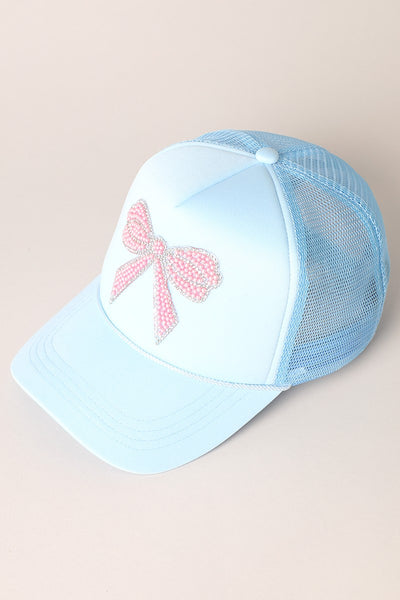 Blue & Pearls Rhinestone Bow Patch  Trucker Hat