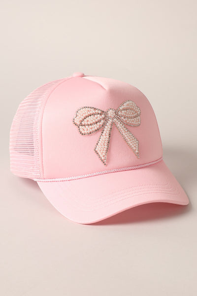 Pink & Pearls Rhinestone Bow Patch  Trucker Hat