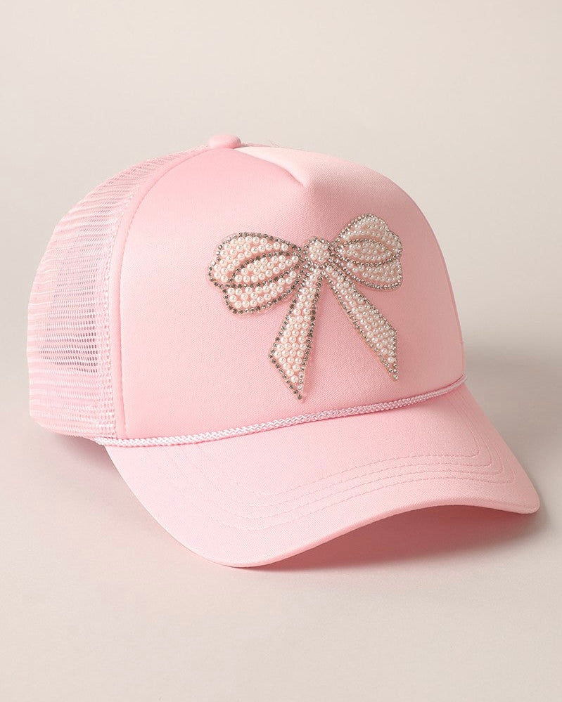 Pink & Pearls Rhinestone Bow Patch  Trucker Hat