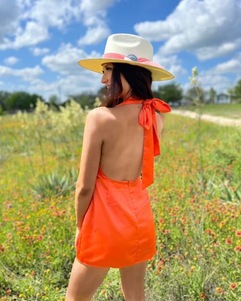Orange Satin Halter Romper Dress