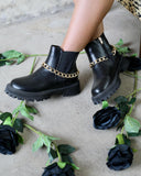 Black Chunky Gold Ankle Chain Boots - The Lace Cactus