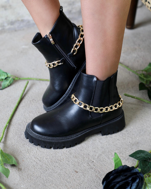 Black Chunky Gold Ankle Chain Boots - The Lace Cactus