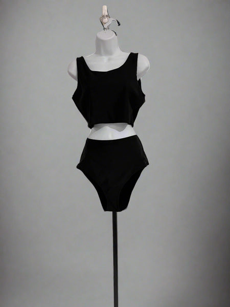 "KC" Black Mixed Media Swimsuit 2 Piece: LG/XL