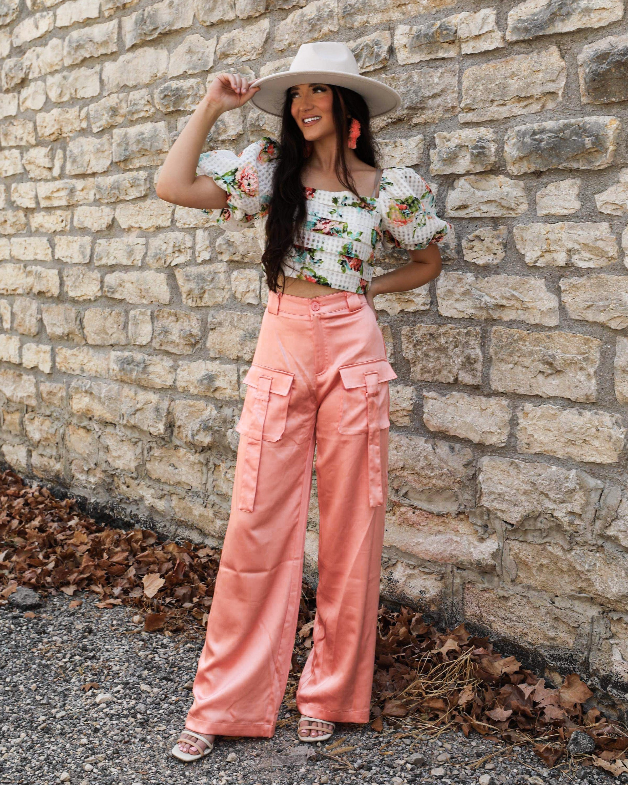Cathy Coral Satin Cargo Pants - The Lace Cactus