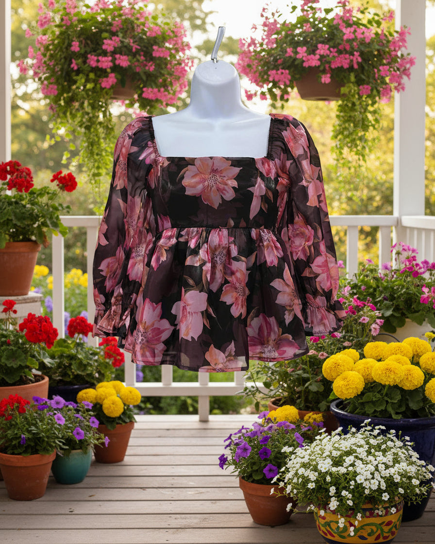 "KC" Rose Print Peplum Crop Top: Xsmall